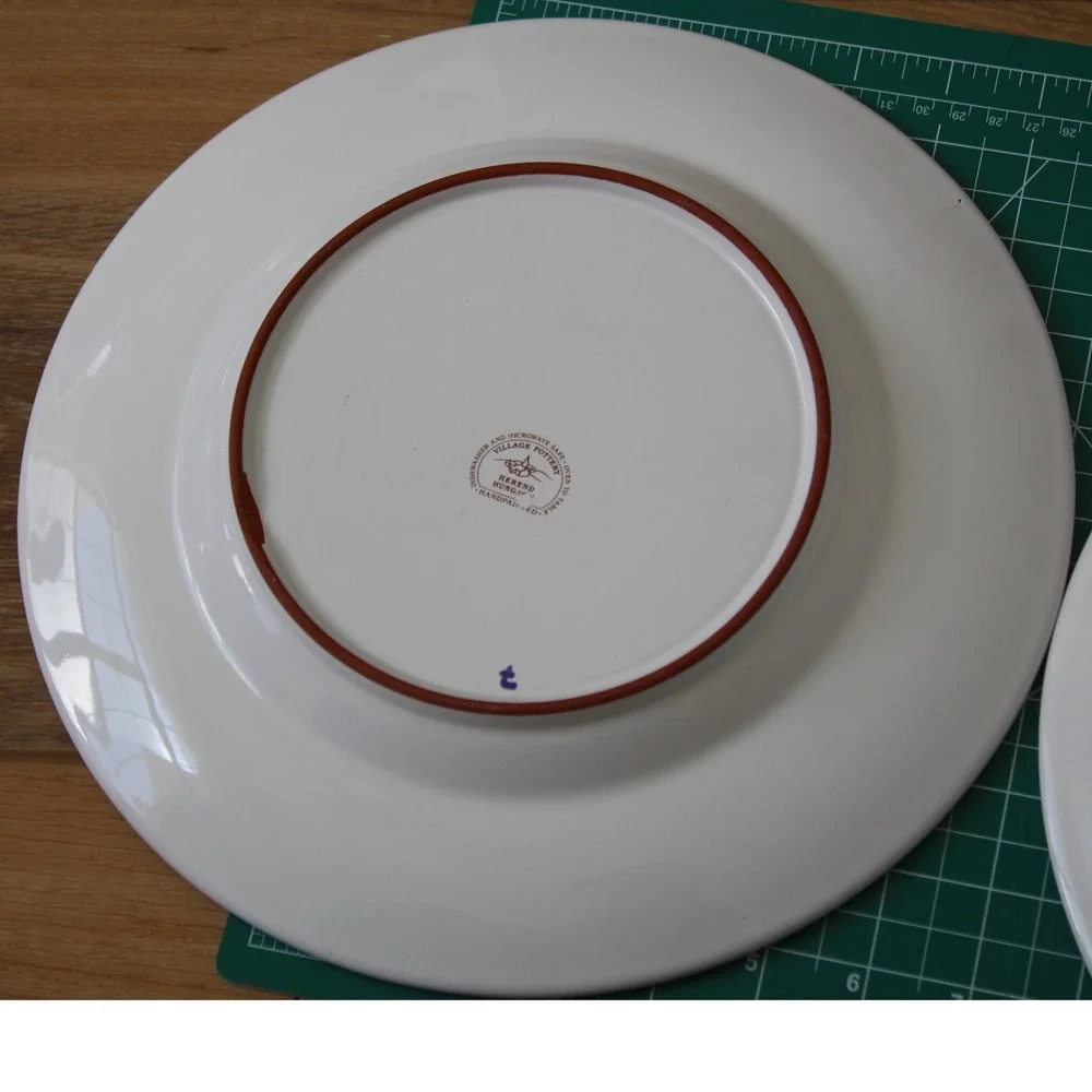 Herend Hungary Village Pottery Blue Scroll Yellow 11 Inch Dinner Plates Set - Picture 7 of 10